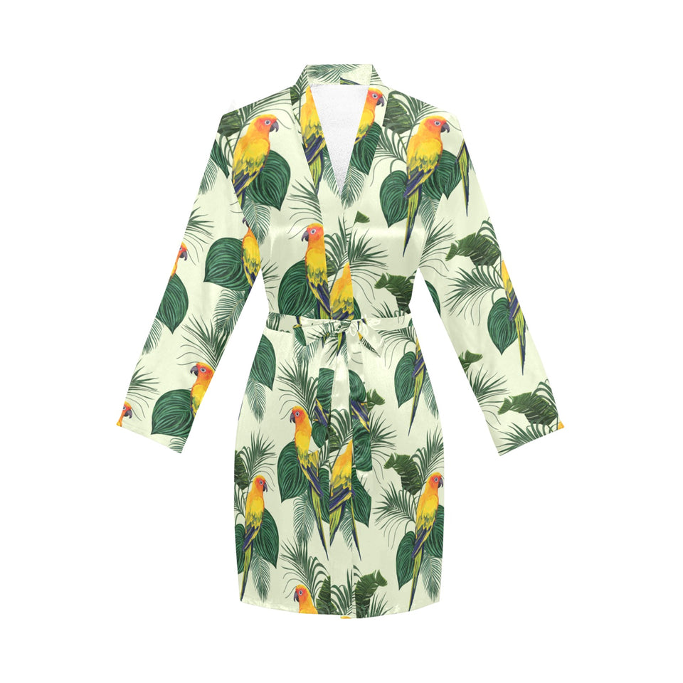 Beautiful parrot palm leaves pattern Women's Long Sleeve Belted Night Robe