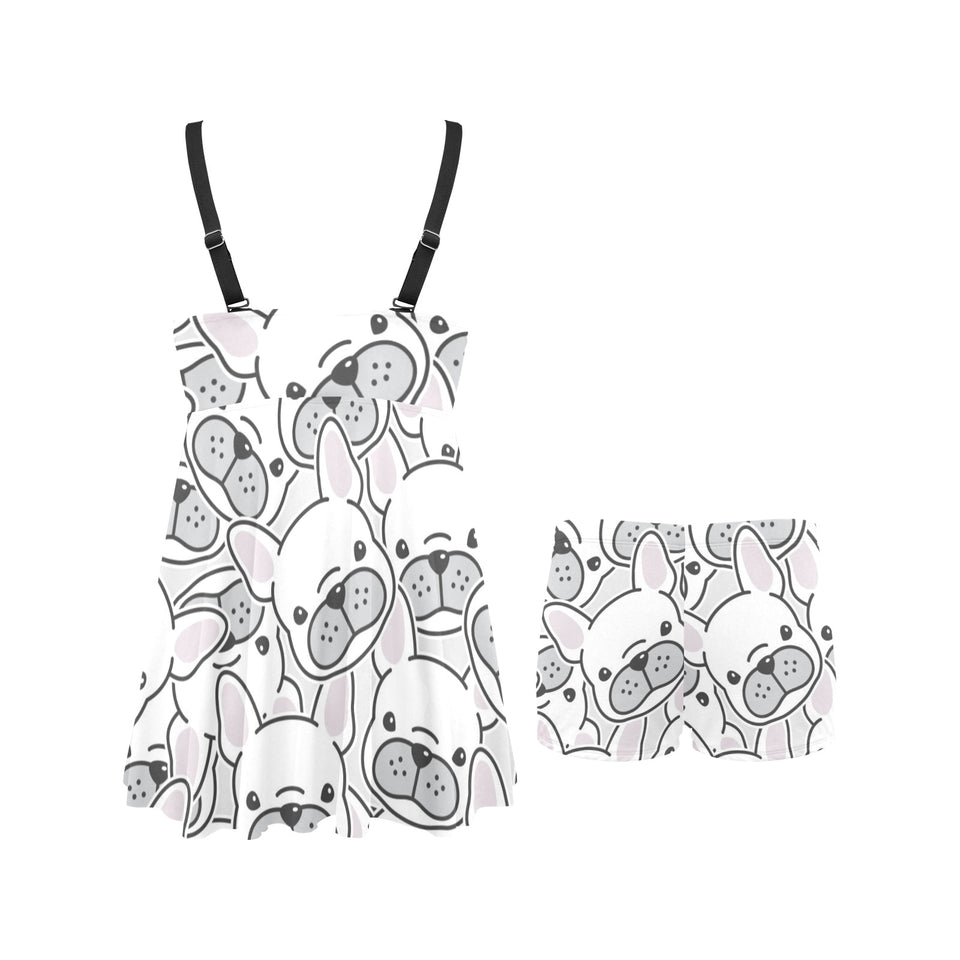 Cute french bulldog head pattern Chest Sexy Pleated Two Piece Swim Dress