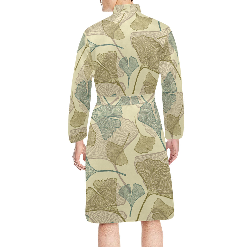 Ginkgo leaves design pattern Men's Long Sleeve Belted Night Robe