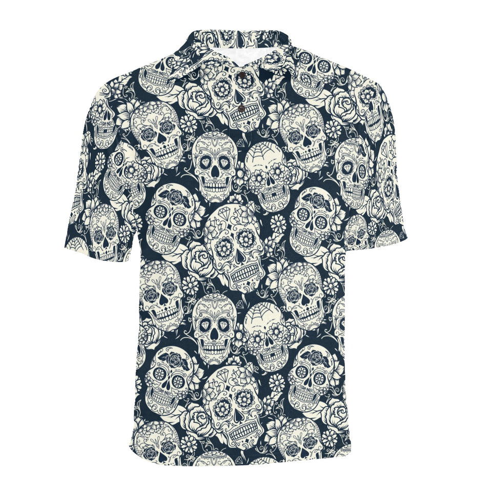 Sugar skull black white pattern Men's All Over Print Polo Shirt