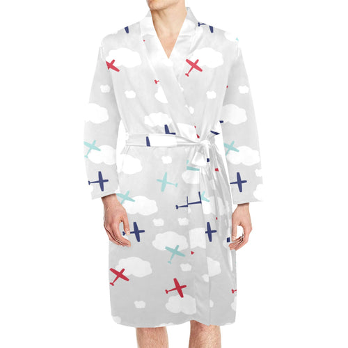 Airplane cloud grey background Men's Long Sleeve Belted Night Robe