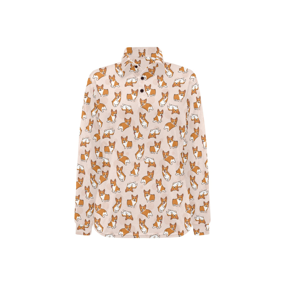 Cute Corgis Pattern pink background Women's Long Sleeve Polo Shirt