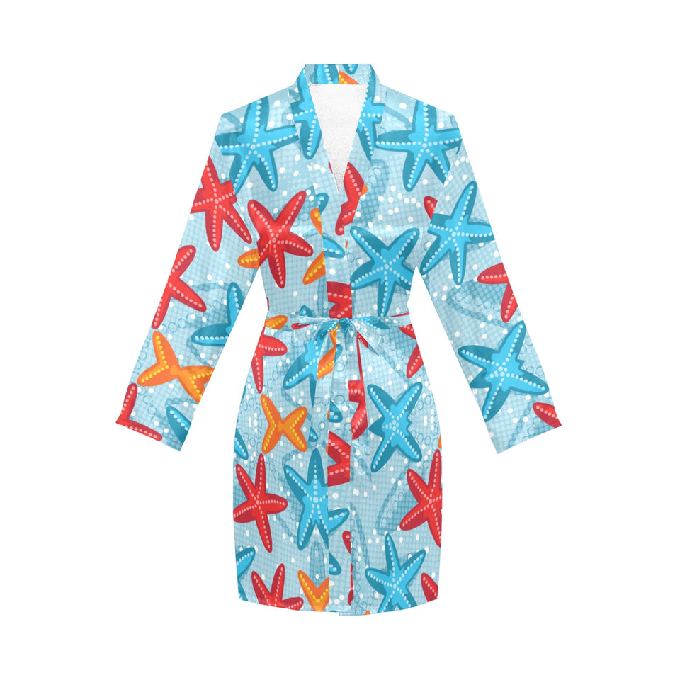 Blue red orange starfish pattern Women's Long Sleeve Belted Night Robe