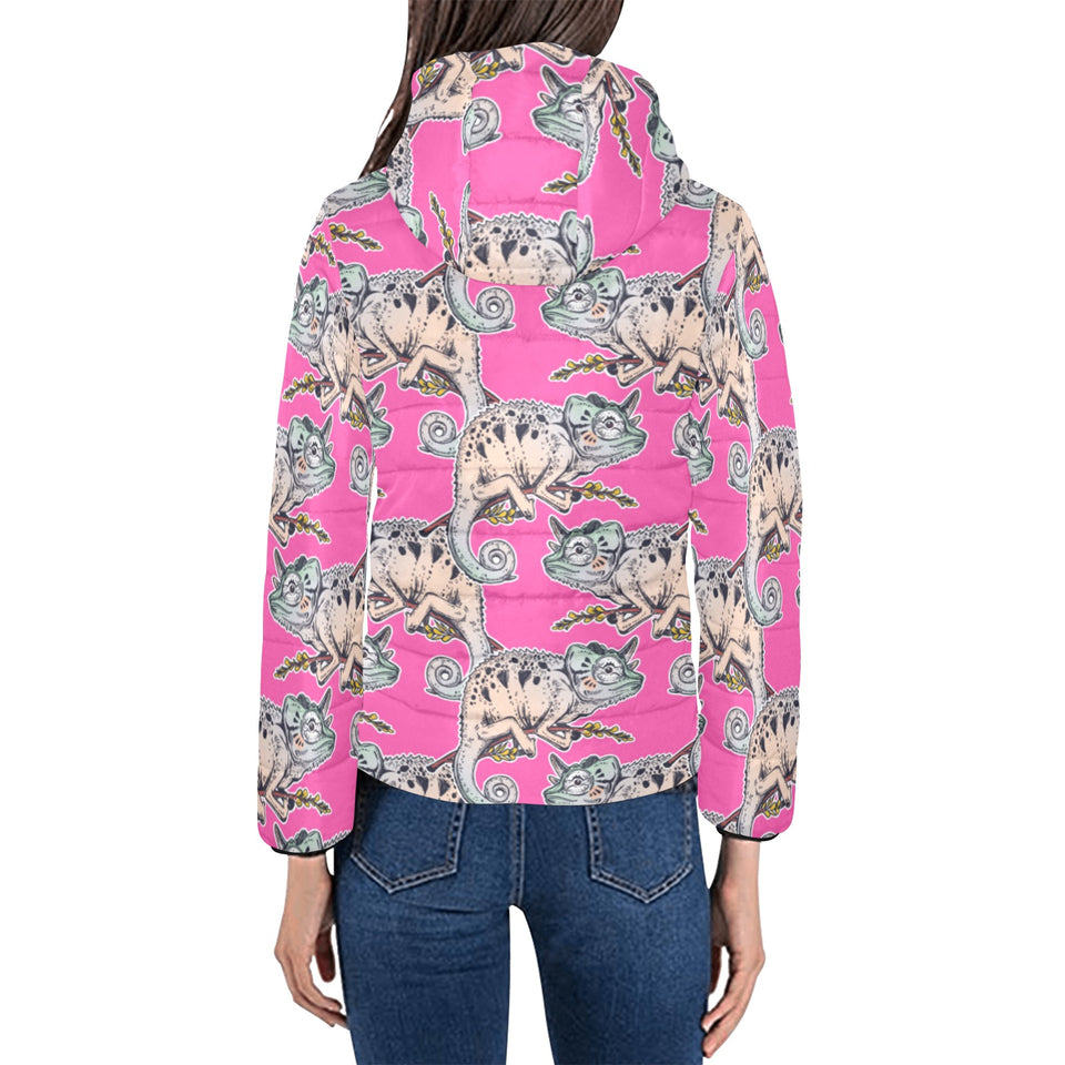 Chameleon lizard pattern pink background Women's Padded Hooded Jacket