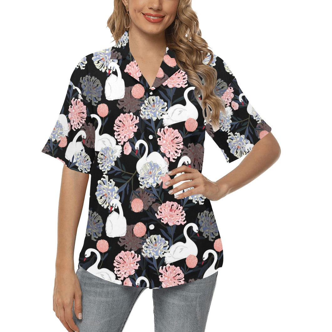 white swan blooming flower pattern Women's All Over Print Hawaiian Shirt