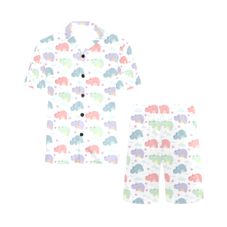 Hippopotamus Pattern Print Design 03 Men's V-Neck Short Pajama Set
