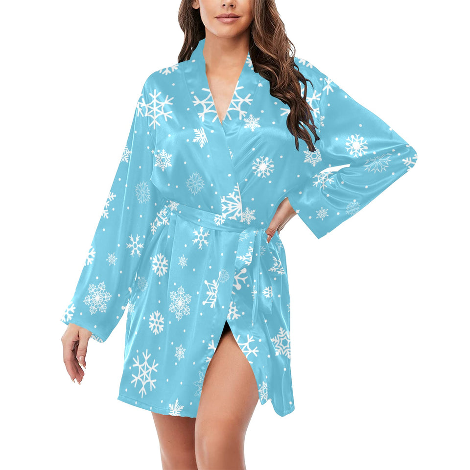 Snowflake pattern blue background Women's Long Sleeve Belted Night Robe