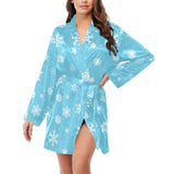 Snowflake pattern blue background Women's Long Sleeve Belted Night Robe