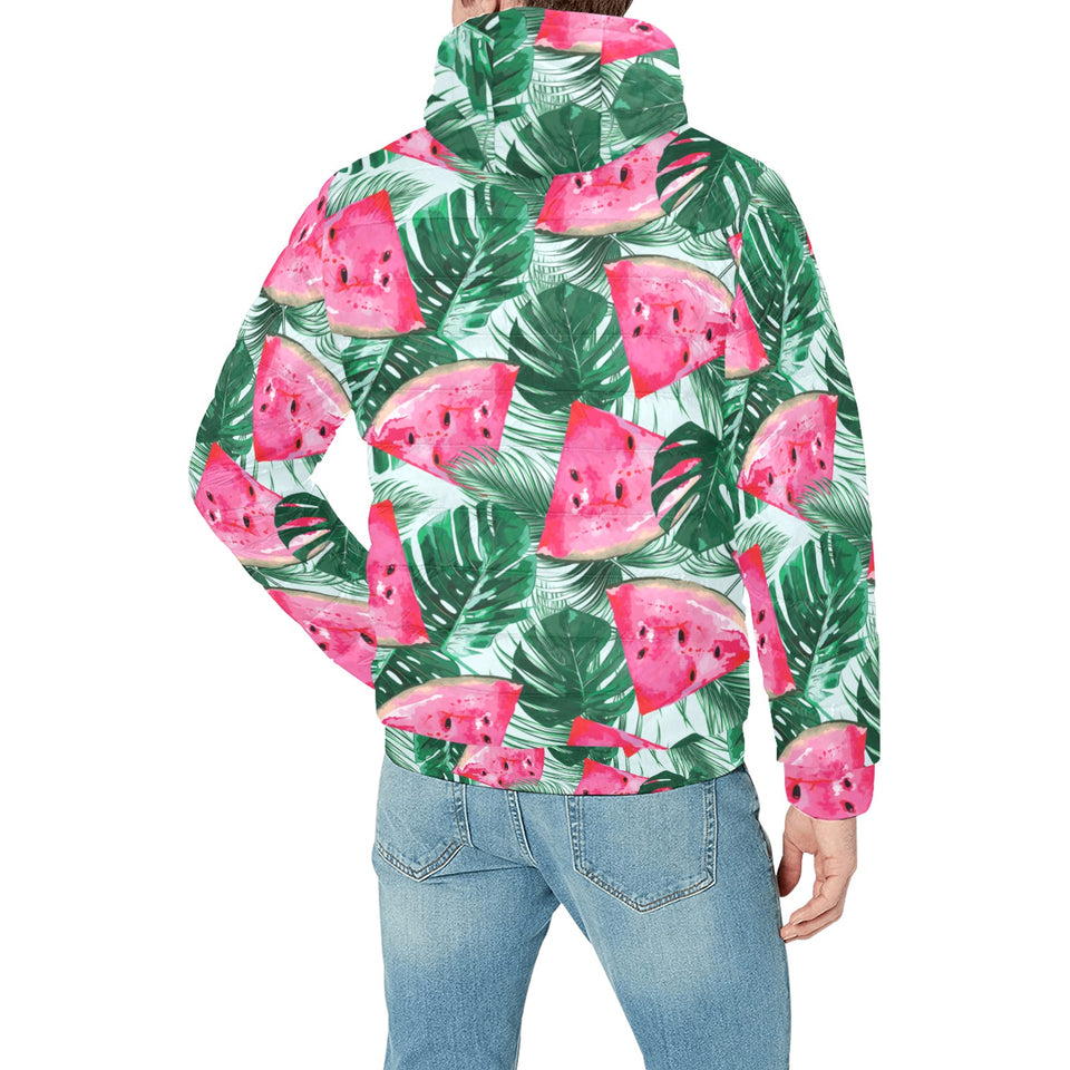 Watermelons tropical palm leaves pattern Men's Padded Hooded Jacket