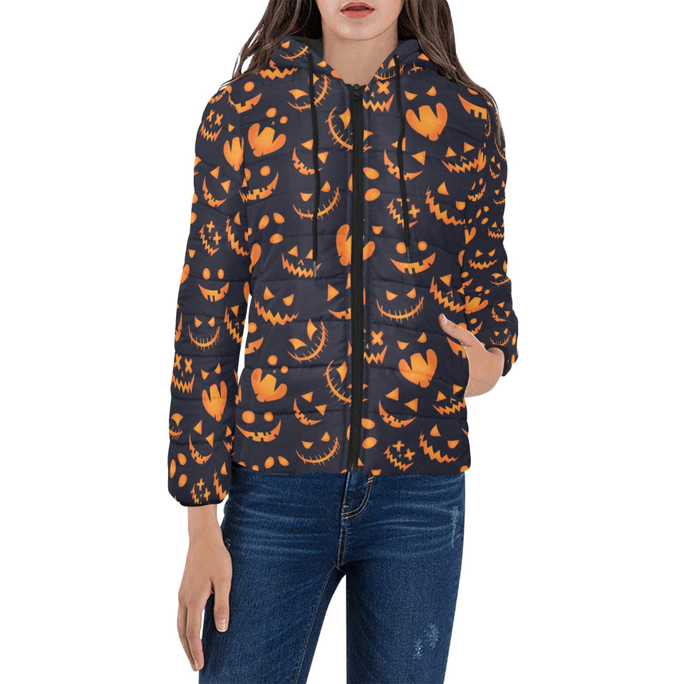 Halloween pattern Pumpkin background Women's Padded Hooded Jacket