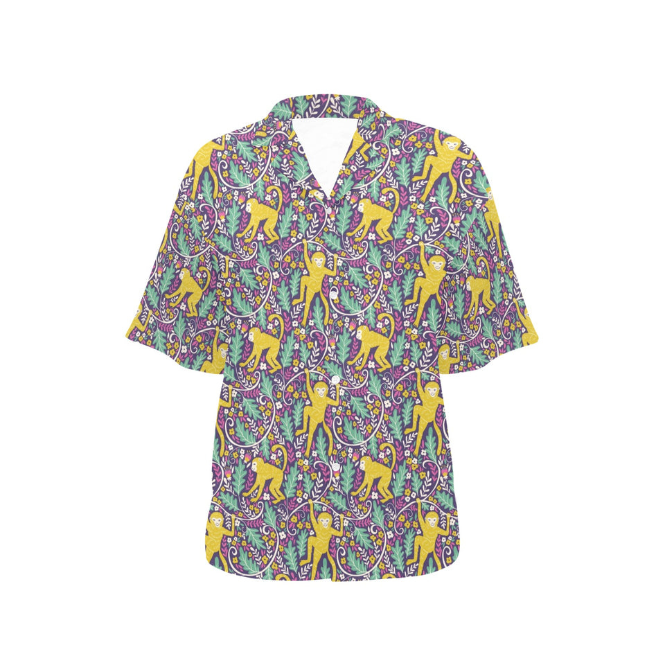 Cute yellow monkey leaves pattern Women's All Over Print Hawaiian Shirt