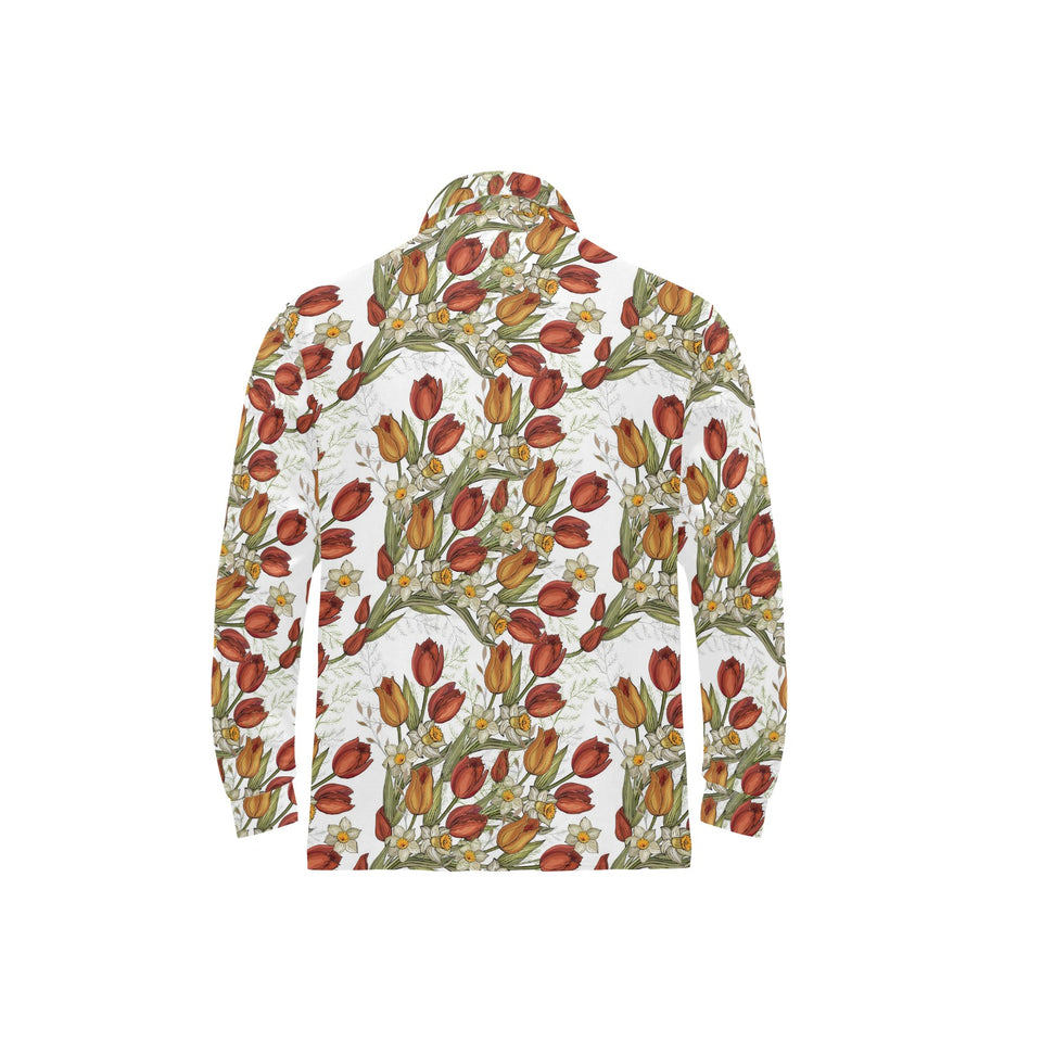Red tulips and daffodils pattern Men's Long Sleeve Polo Shirt