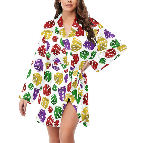 Dice Pattern Print Design 03 Women's Long Sleeve Belted Night Robe