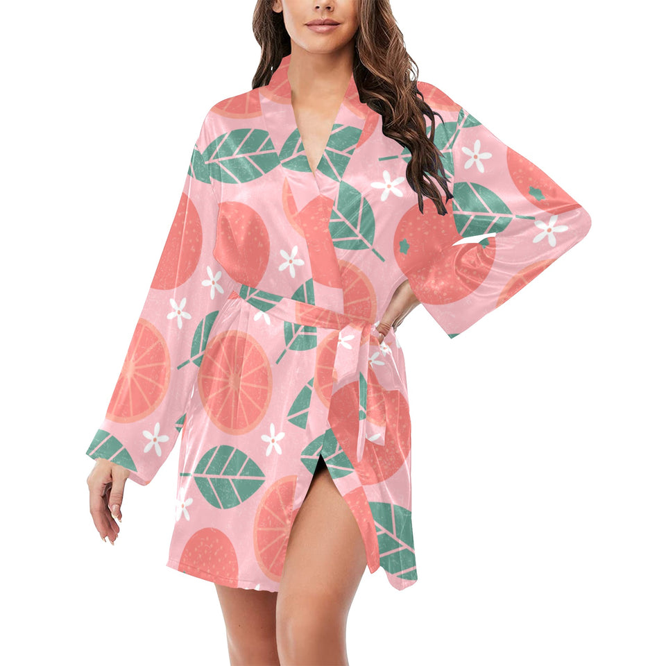 Grapefruit leaves flower pink background Women's Long Sleeve Belted Night Robe