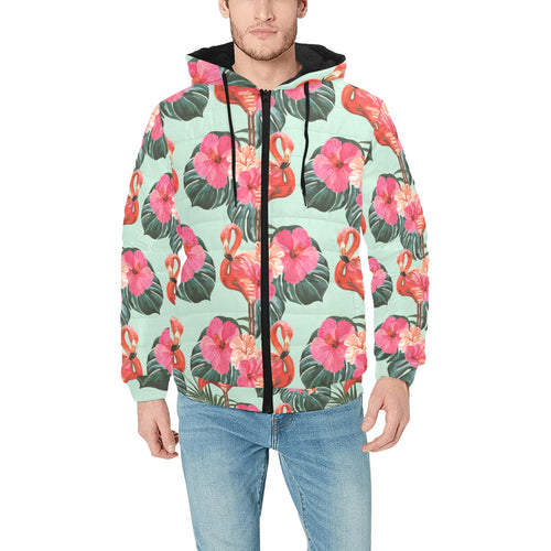 Beautiful flamingo tropical palm leaves hibiscus p Men's Padded Hooded Jacket