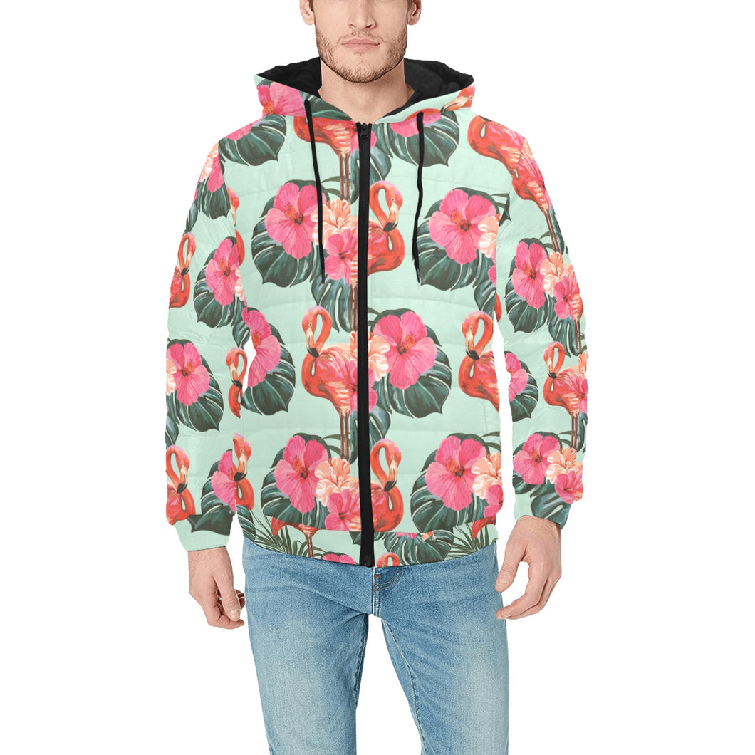 Beautiful flamingo tropical palm leaves hibiscus p Men's Padded Hooded Jacket
