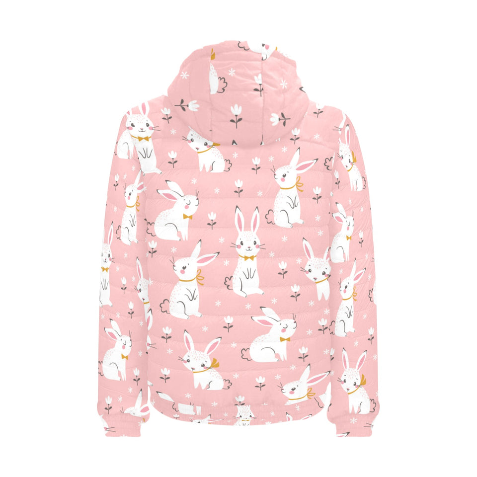 Cute white rabbit flower pink background Men's Padded Hooded Jacket