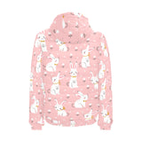 Cute white rabbit flower pink background Men's Padded Hooded Jacket