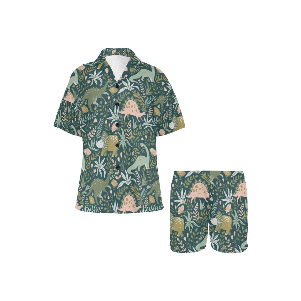 dinosaurs tropical leaves flower pattern Women's V-Neck Short Pajama Set