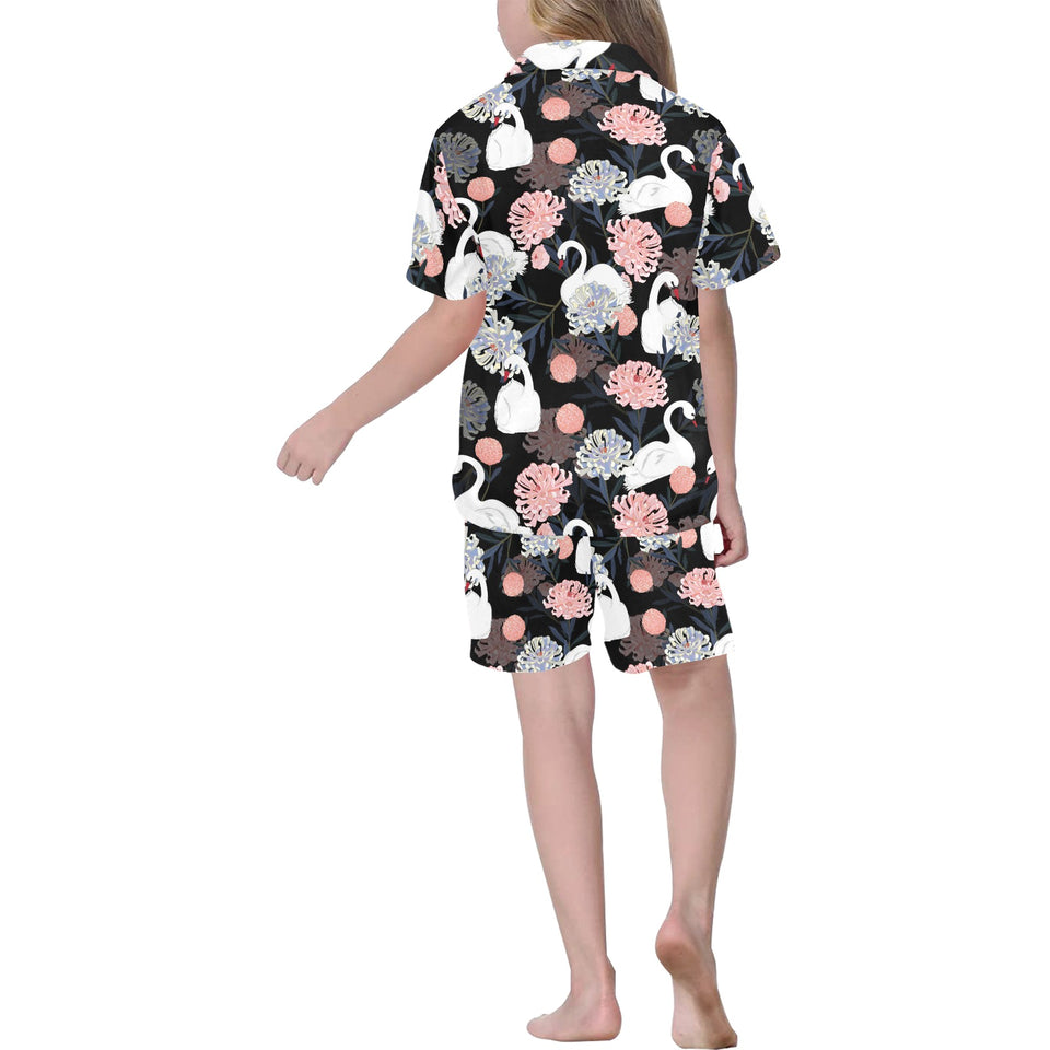 white swan blooming flower pattern Kids' Boys' Girls' V-Neck Short Pajama Set