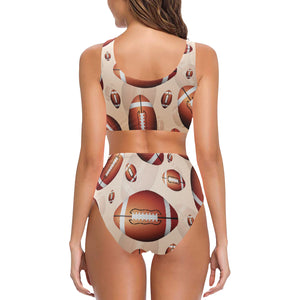 American football ball design pattern Chest Bowknot High Waisted Bikini Swimsuit