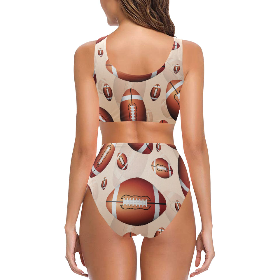 American football ball design pattern Chest Bowknot High Waisted Bikini Swimsuit