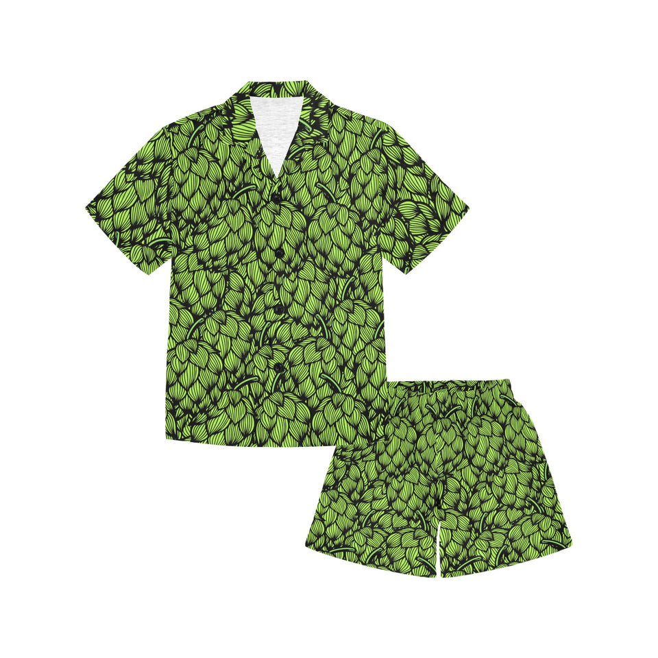 Green hop pattern Kids' Boys' Girls' V-Neck Short Pajama Set