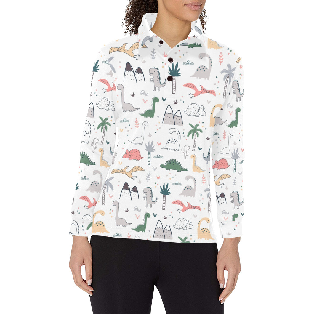 Cute cartoon dinosaurs tree pattern Women's Long Sleeve Polo Shirt