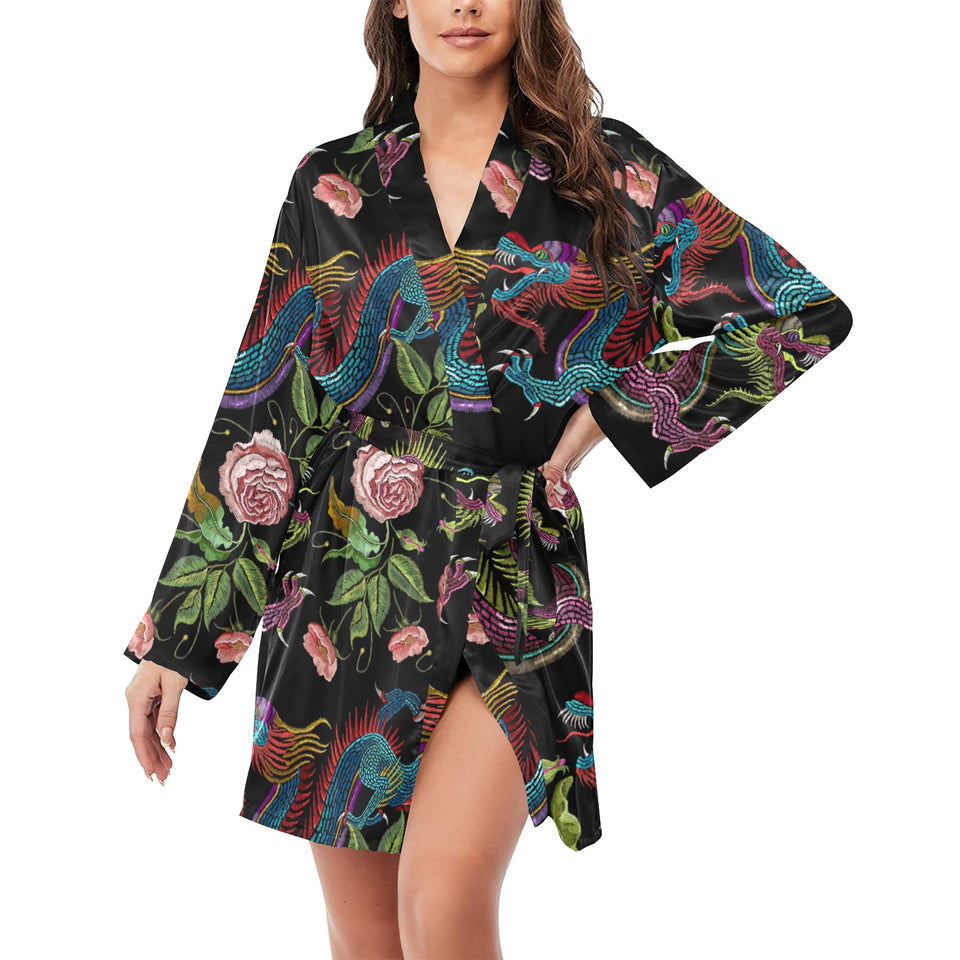 Dragons flower pattern Women's Long Sleeve Belted Night Robe