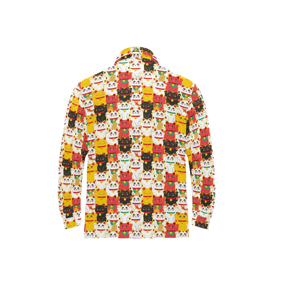 Colorful Maneki neko cat pattern Men's Long Sleeve Polo Shirt