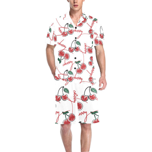 Hand drawn cherry pattern Men's V-Neck Short Pajama Set