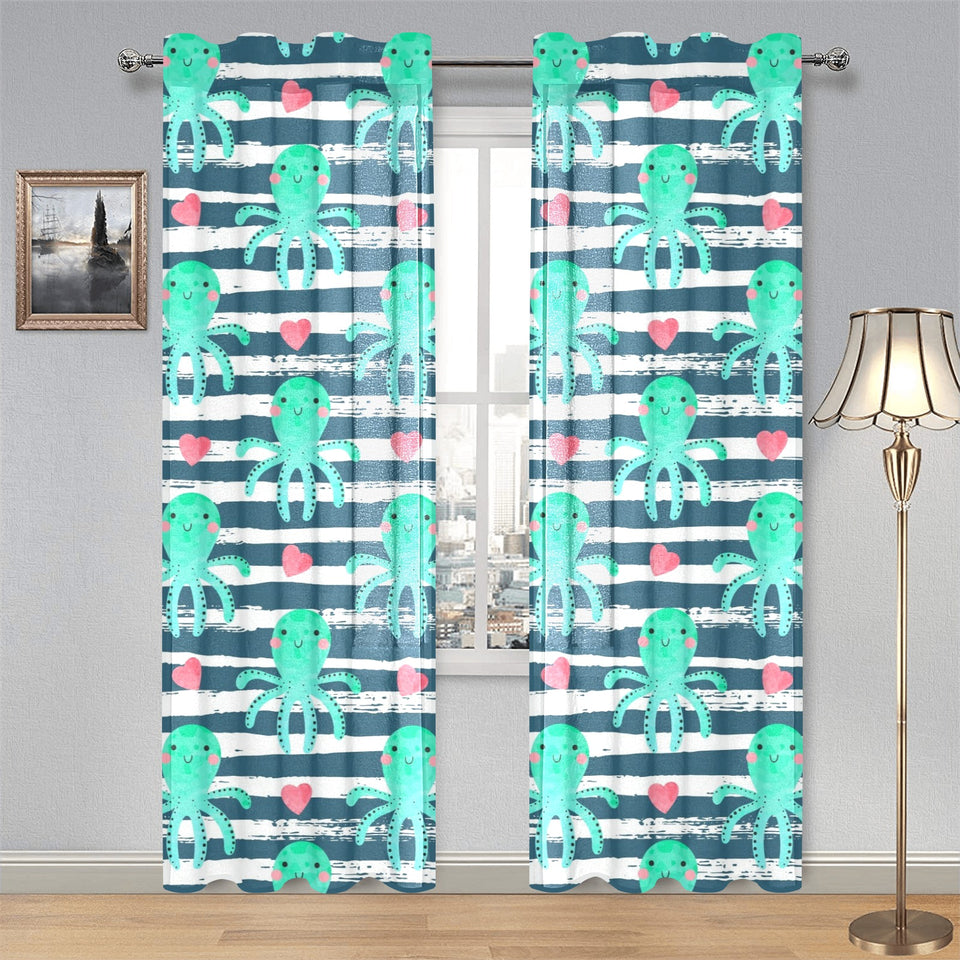 Cute octopuses heart striped background Gauze Curtain