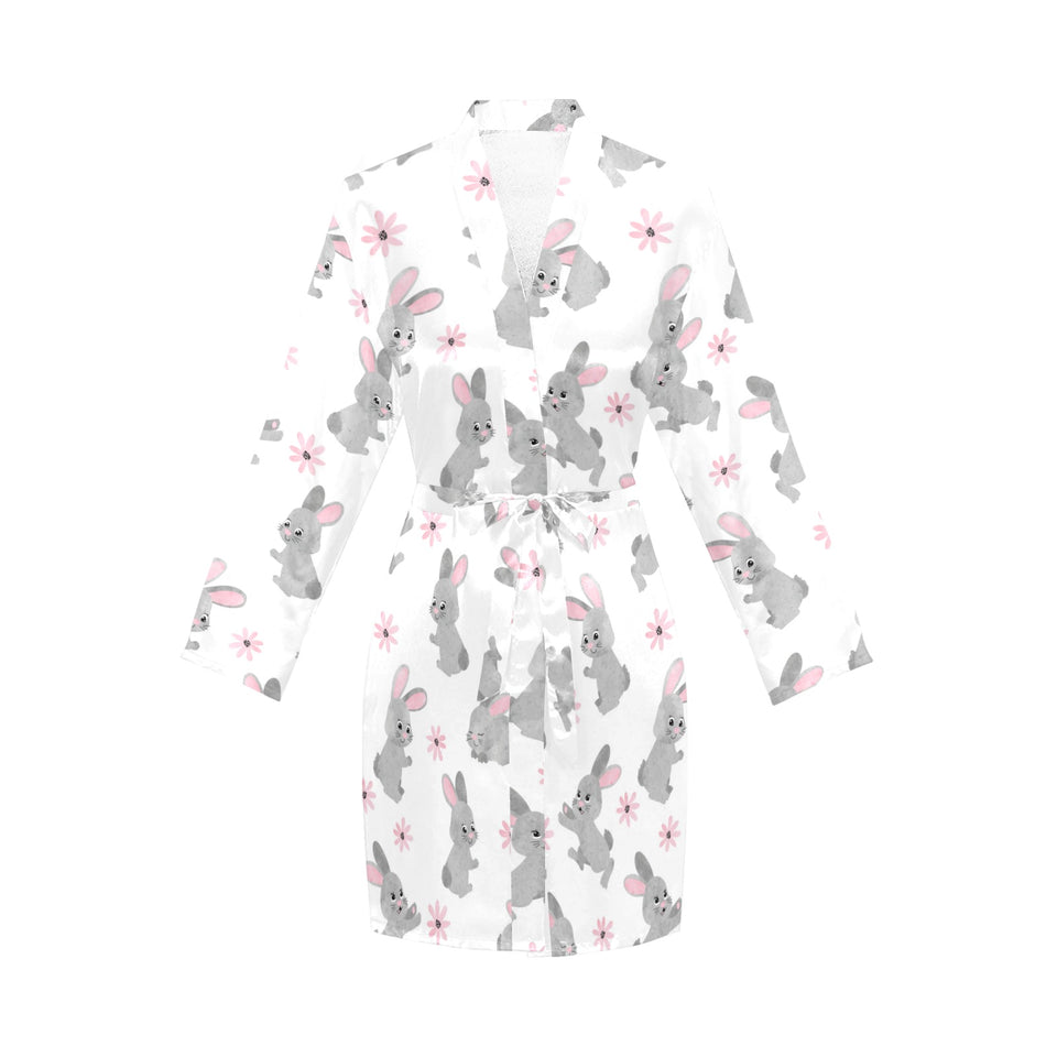 Watercolor cute rabbit pattern Women's Long Sleeve Belted Night Robe