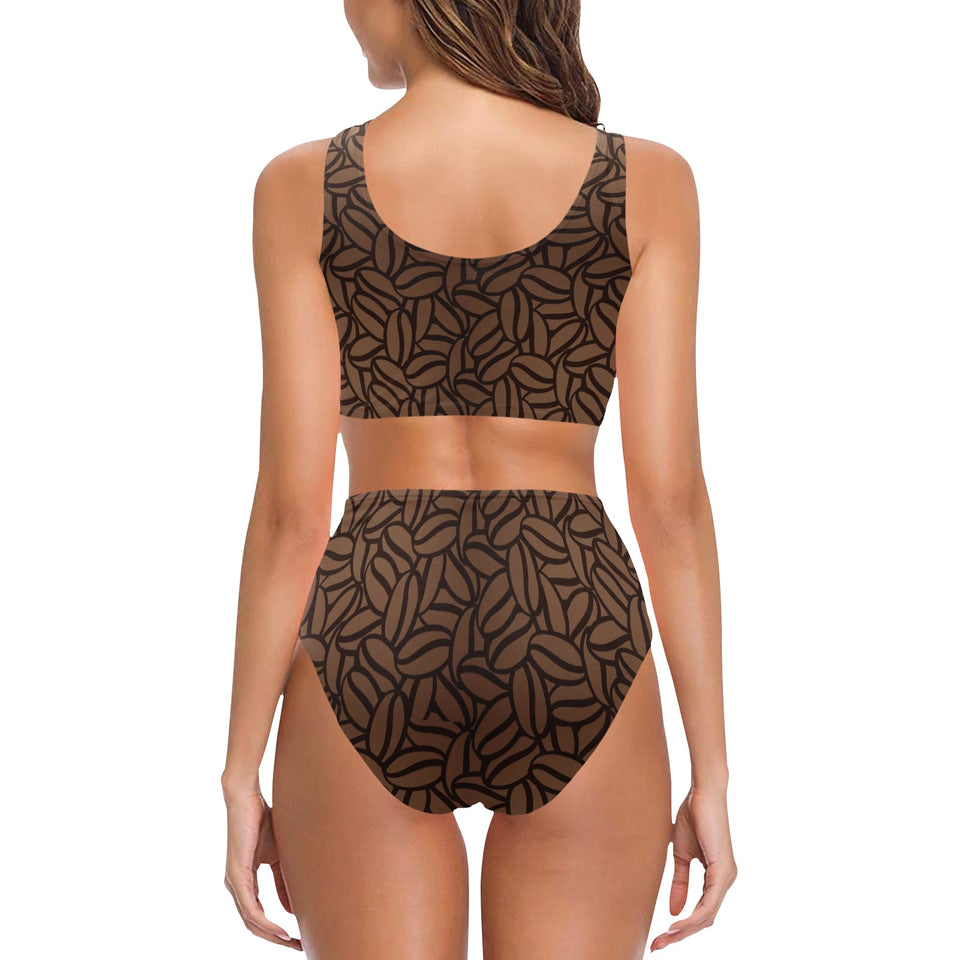 coffee bean pattern Chest Bowknot High Waisted Bikini Swimsuit