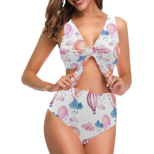 Watercolor air balloon cloud pattern Chest Bowknot High Waisted Bikini Swimsuit