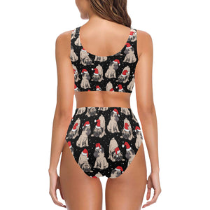 Christmas Pugs Santa_s red cap pattern Chest Bowknot High Waisted Bikini Swimsuit