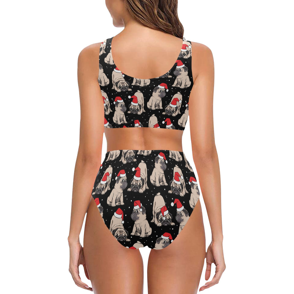Christmas Pugs Santa_s red cap pattern Chest Bowknot High Waisted Bikini Swimsuit