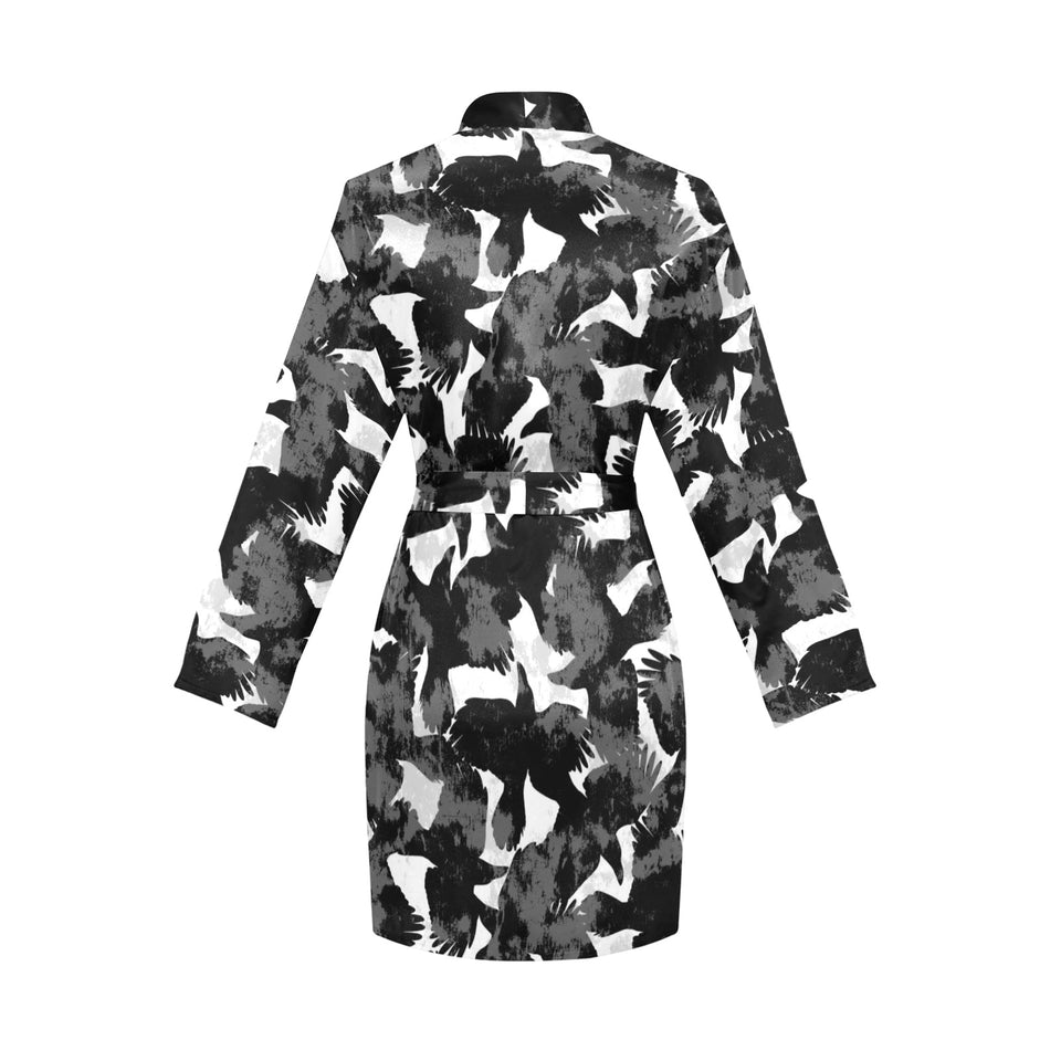 Crow illustration pattern Women's Long Sleeve Belted Night Robe