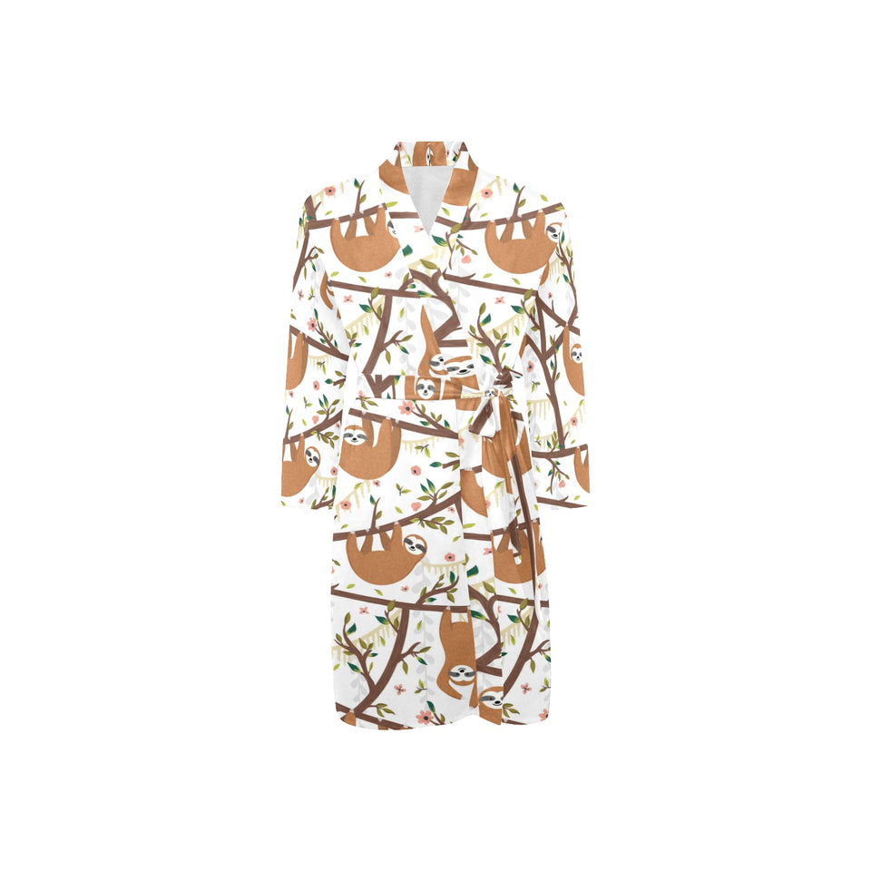 Sloths hanging on the tree pattern Men's Long Sleeve Belted Night Robe