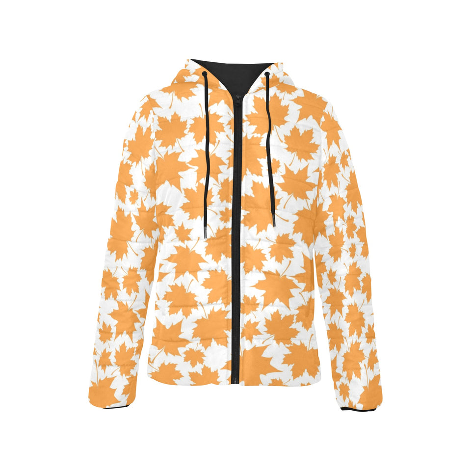 Orange Maple Leaf pattern Women's Padded Hooded Jacket