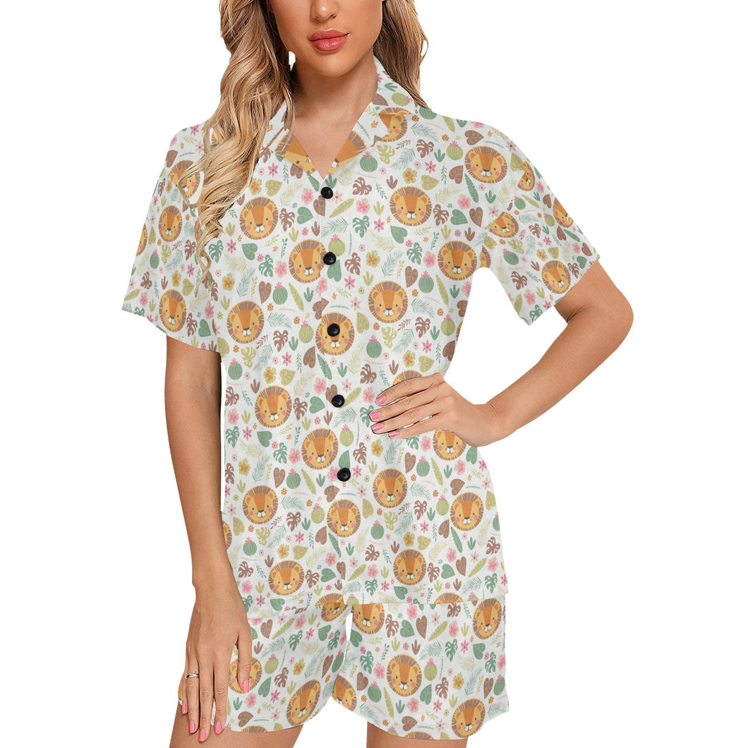 Lion Pattern Print Design 04 Women's V-Neck Short Pajama Set