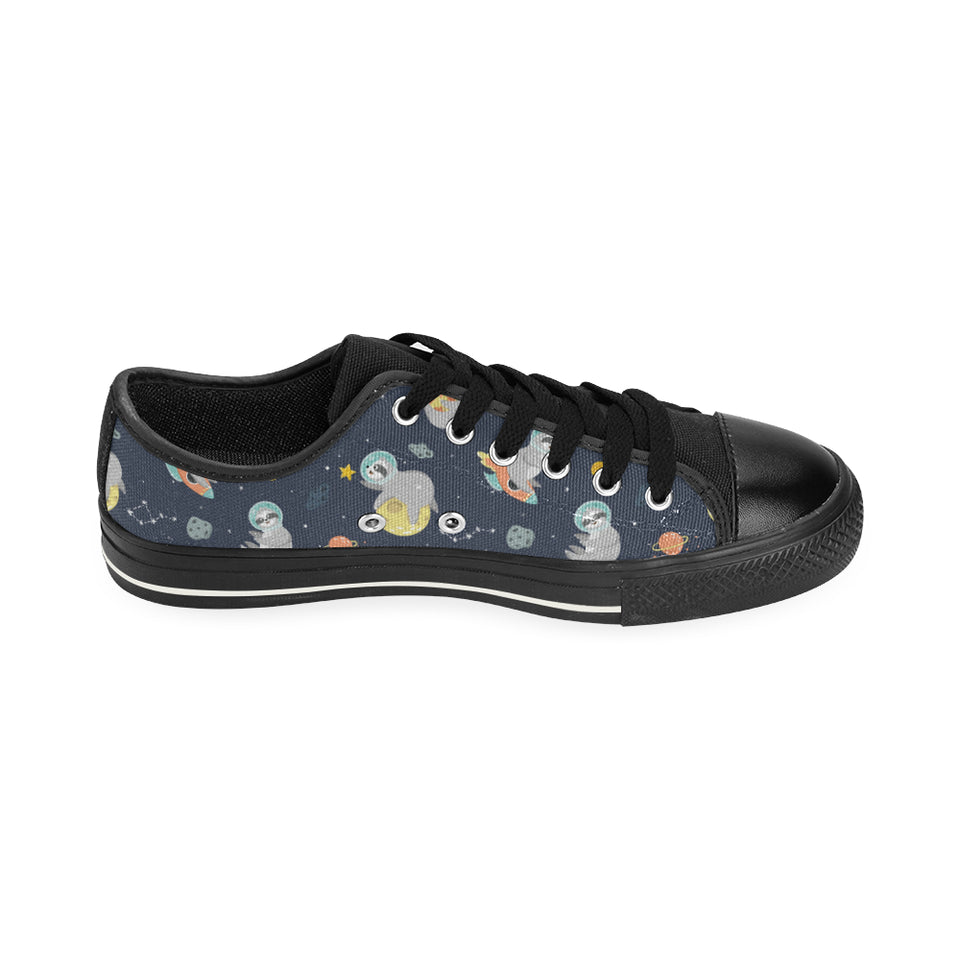 Cute sloth astronaut star planet rocket pattern Men's Low Top Canvas Shoes Black