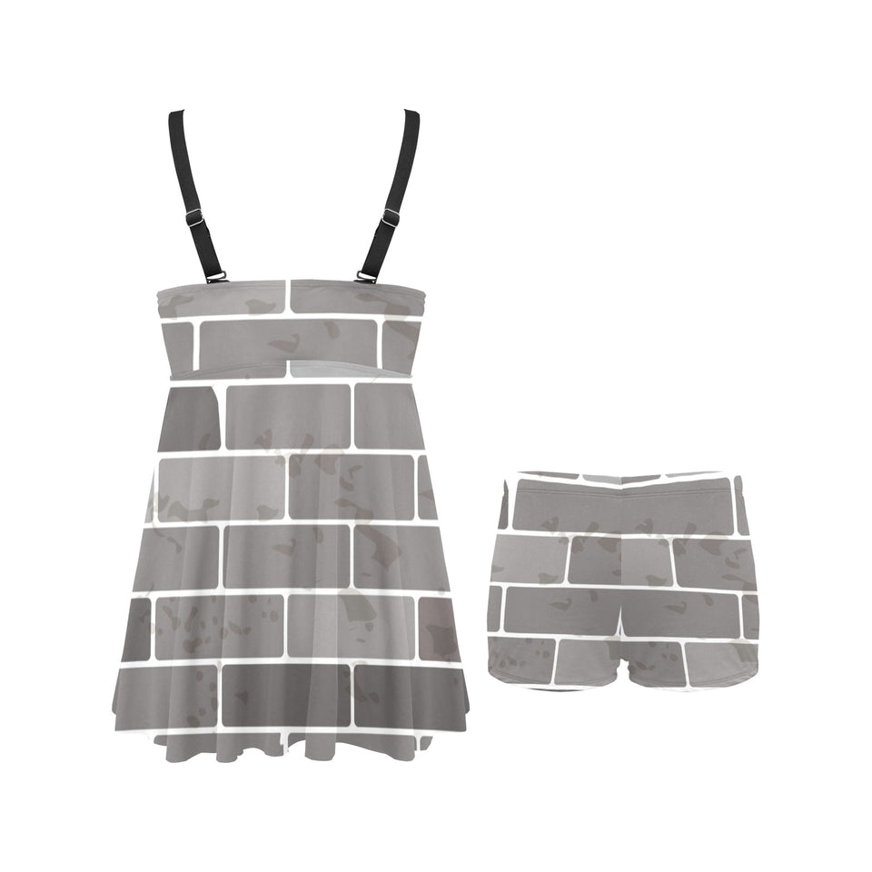 Brick Printed Pattern Print Design 05 Chest Sexy Pleated Two Piece Swim Dress