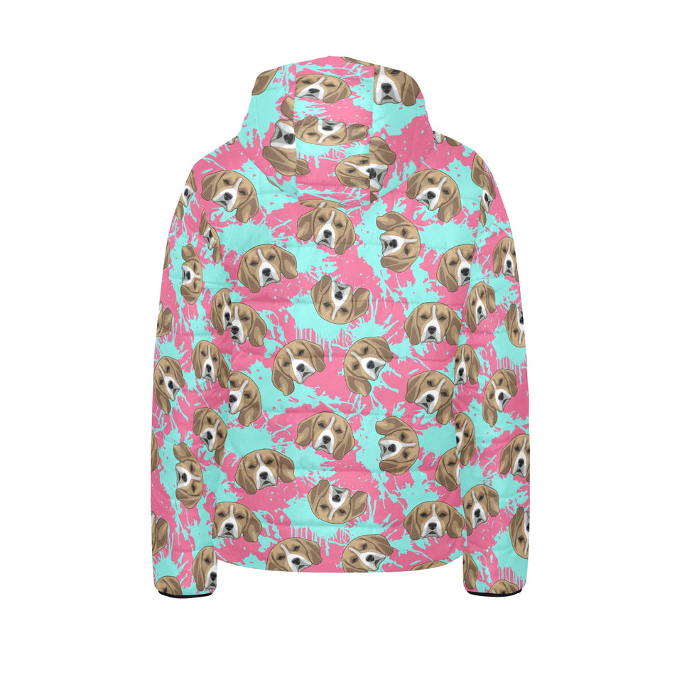 Beagle muzzles turquoise paint splashes pink patte Kids' Boys' Girls' Padded Hooded Jacket