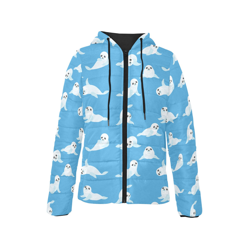 Cute sea lion seal pattern background Women's Padded Hooded Jacket