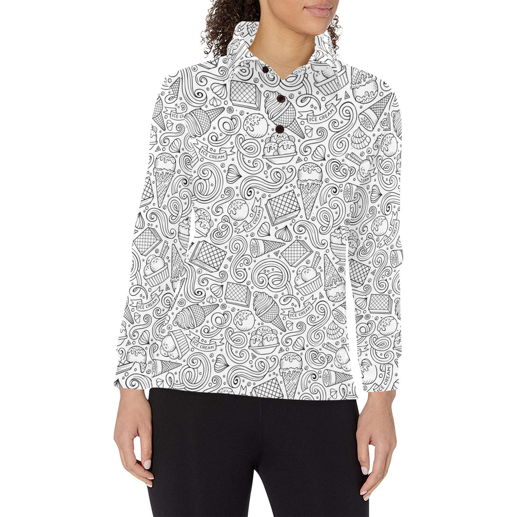 Cartoon hand drawn ice cream black white Women's Long Sleeve Polo Shirt