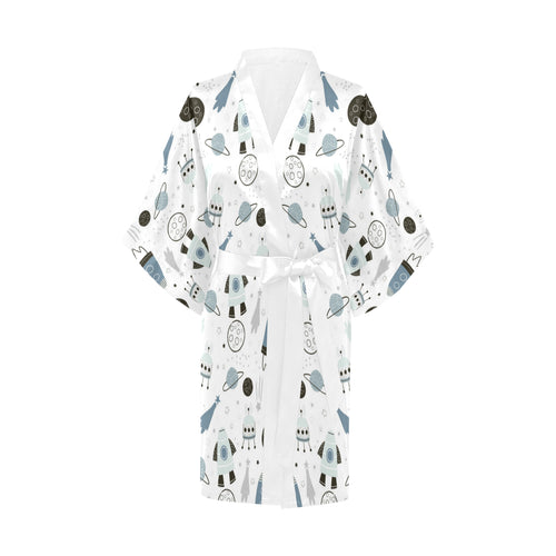 Hand drawn space elements space rocket star planet Women's Short Kimono Robe