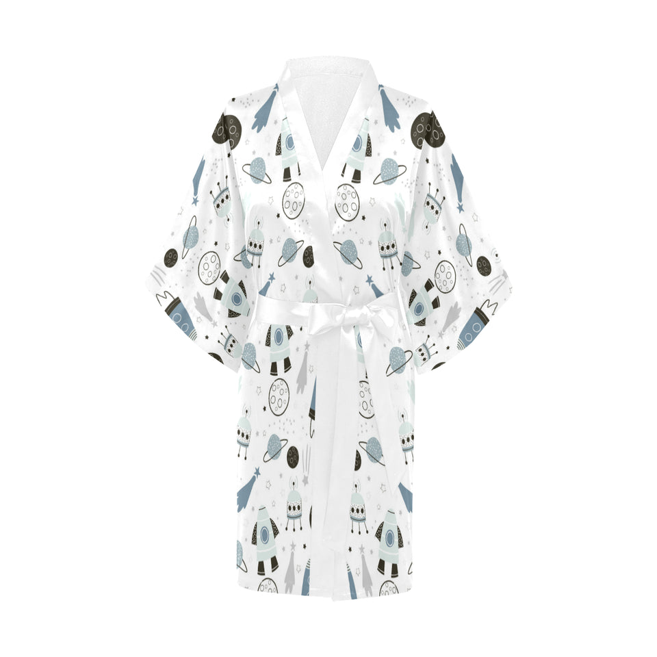 Hand drawn space elements space rocket star planet Women's Short Kimono Robe