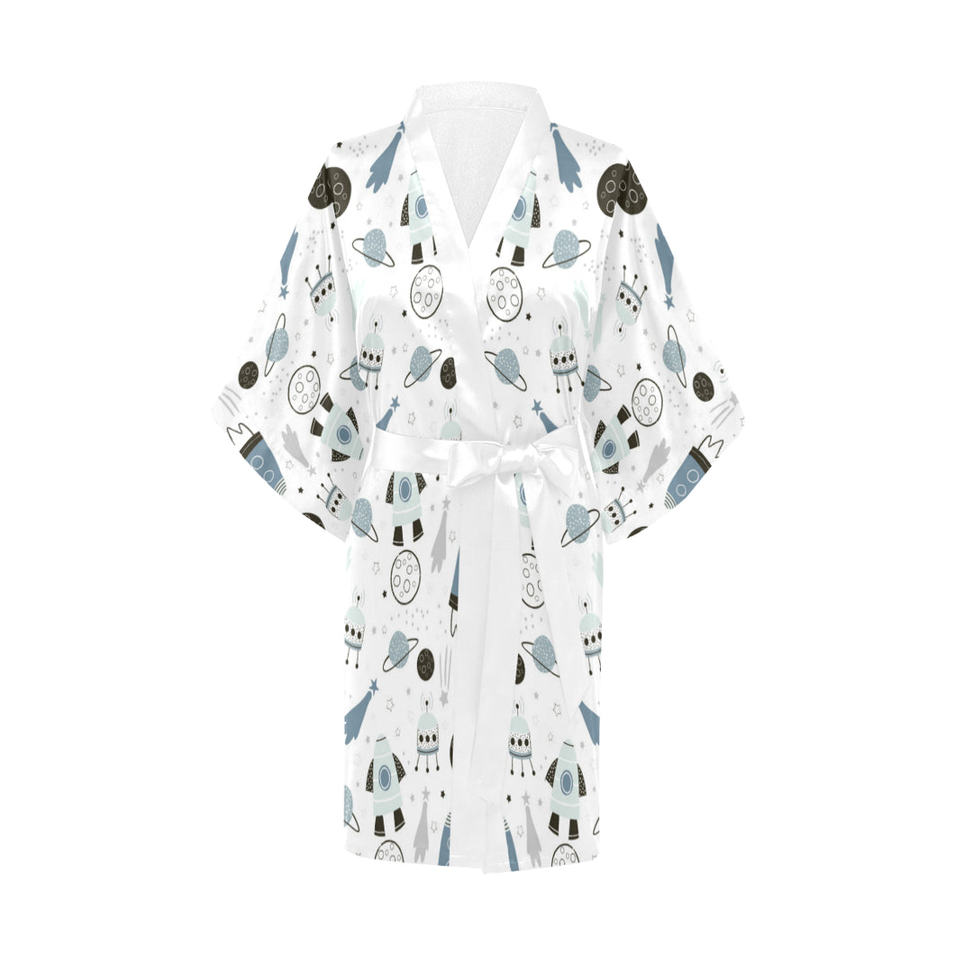 Hand drawn space elements space rocket star planet Women's Short Kimono Robe