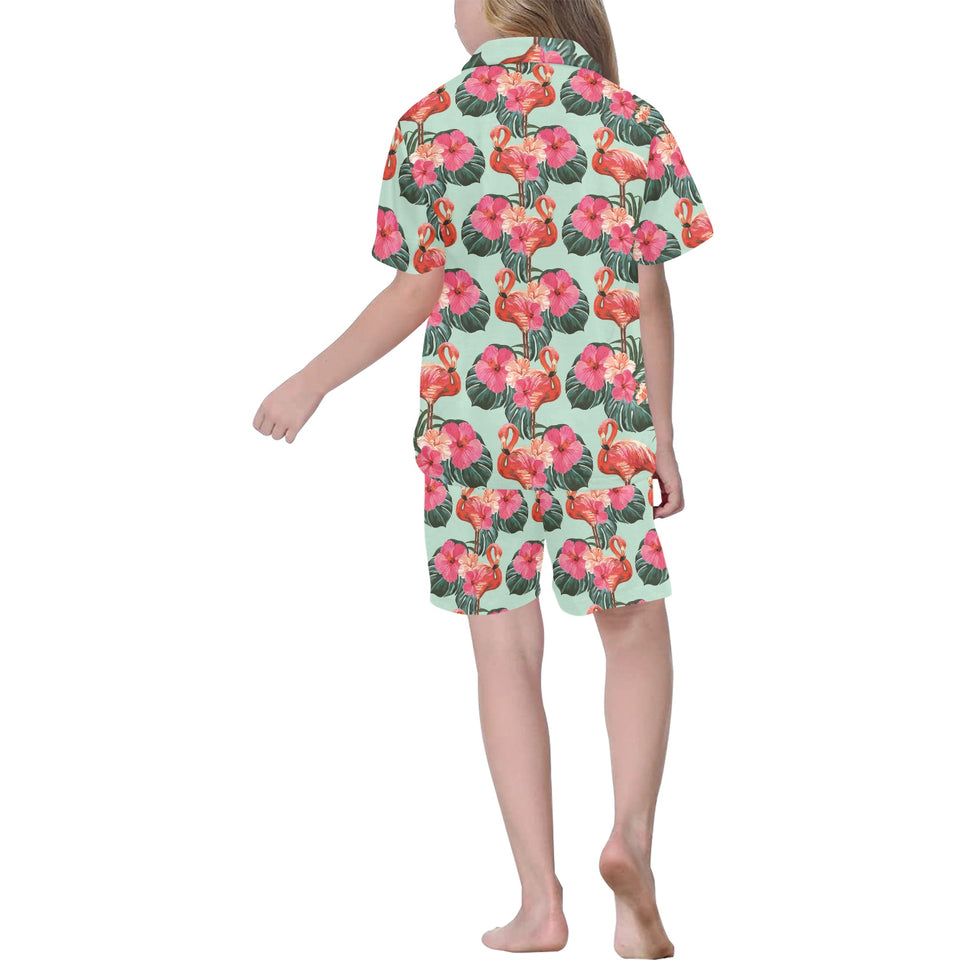 Beautiful flamingo tropical palm leaves hibiscus p Kids' Boys' Girls' V-Neck Short Pajama Set